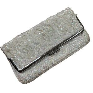 Vintage mid century white satin beaded fold over clutch purse evening bag purse